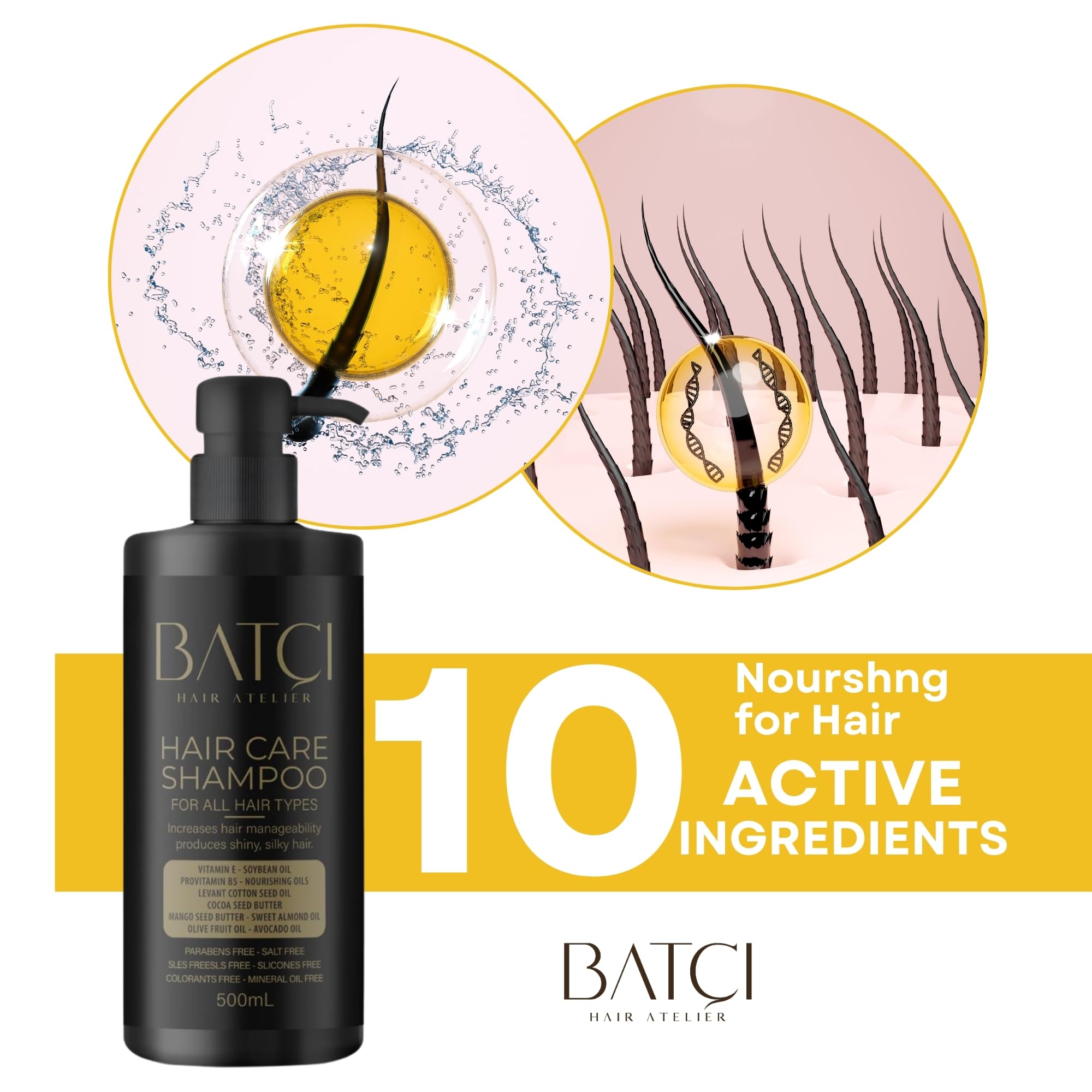 Batci Hair Atelier Provitamin Shampoo - Paraben and Sulfate-Free, Deep Moisturizing and Strengthening, Suitable for All Hair Types, 500 ml